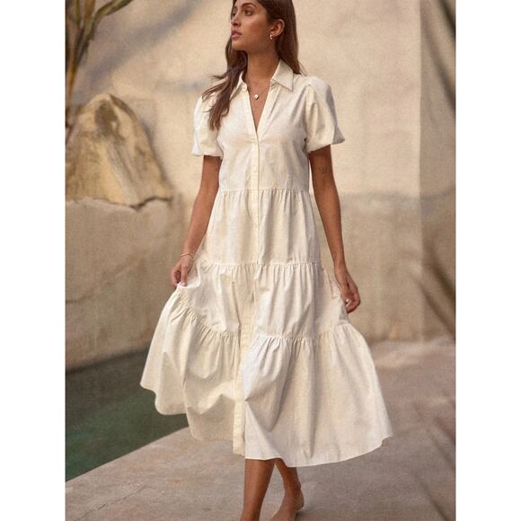 Brochu Walker Havana Midi Dress White Tiered Button Front Puff Sleeve Sz M - Picture 3 of 11